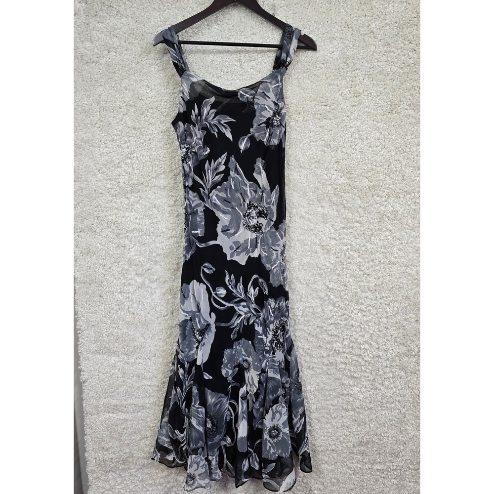 Midnight Velvet Floral‎ Sequin Maxi Dress Womens M Black Gray Whimsigoth